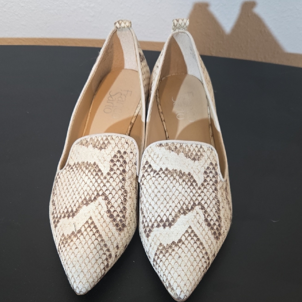 Franco Sarto Cream and Brown Snakeskin Flats